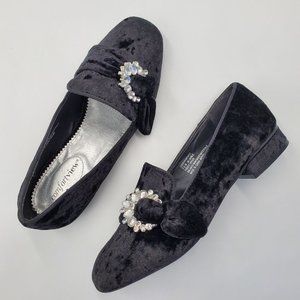 Black Crushed Velvet & Rhinestone Loafers